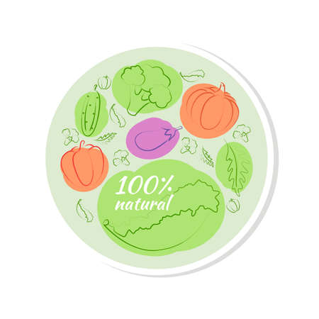 Bubble sticker label tag with doodle vegetables set. 100 natural product, 100 organic, healthy food. Organic food icons in vector. Vector illustrationのイラスト素材