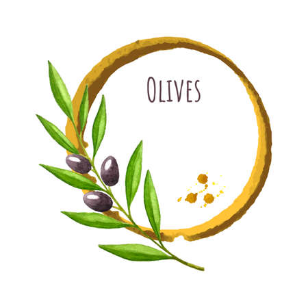 Template for label, banner, postcard, vector watercolor, branch of olives with a round spot, place for an inscription,. Vector illustrationのイラスト素材