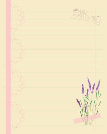 Notebook sheet old lined vintage style, with lavender and lace and stamp. For notes, to-do list, plan, blank. Vector illustrationのイラスト素材