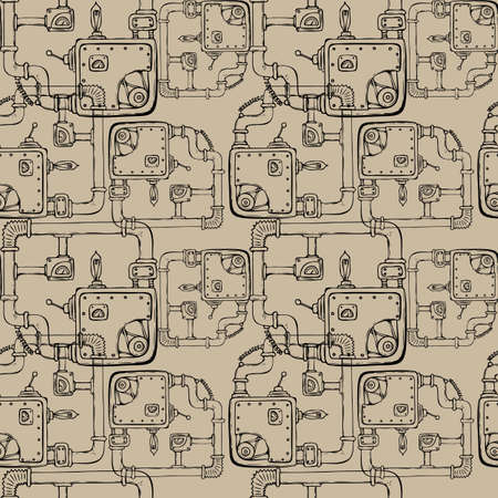 Steampunk pattern, doodle mechanisms and pipes, black contour hand drawing. Vector illustrationのイラスト素材