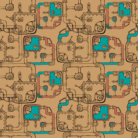 Steampunk pattern, doodle mechanisms and pipes, black contour hand drawing. Vector illustrationのイラスト素材