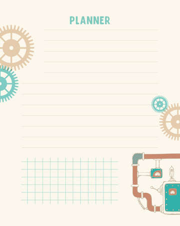 Planner template in steampunk doodle style with gears, cogwheels, for notes, reminders, plans, ideas, schedule. Vector illustrationのイラスト素材