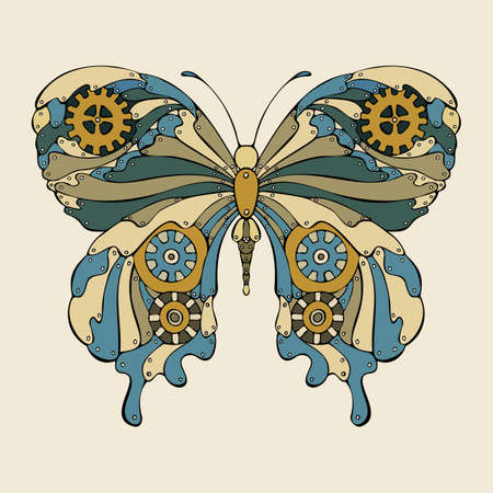 Steampunk butterfly doodle hand drawn fantastic mechanical, butterfly with gears. isolated. Vector illustrationのイラスト素材