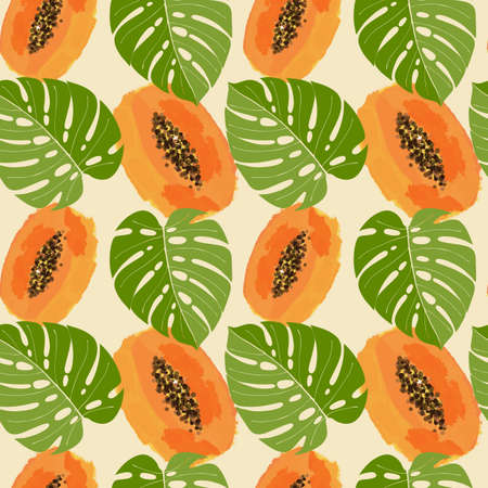 Papaya and monstera leaf summer seamless pattern. Vector illustrationのイラスト素材