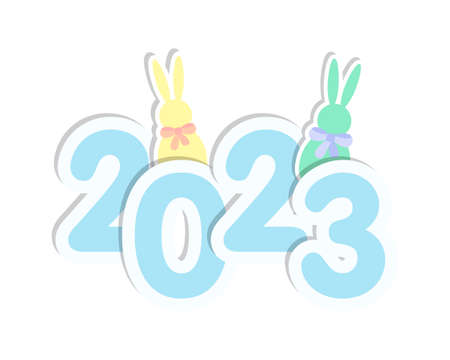 New Year 2023 sticker with numbers and rabbit, isolated, white background. Vector illustration