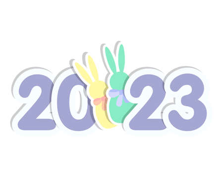 New Year 2023 sticker with numbers and rabbit, isolated, white background. Vector illustration