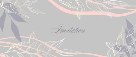 Wedding invitation abstract background in boho style with golden lines and botanical leaves, organic shapes. Abstract art background design for wedding and vip cover template. Vector illustrationのイラスト素材