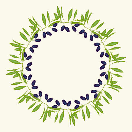Wreath black olives hand drawn doodle round frame with branches leaves and green berry. Vector illustrationのイラスト素材