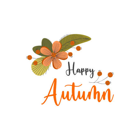 Happy Autumn banner with doodle flowers leaf berry autumn colors. Vector illustrationのイラスト素材