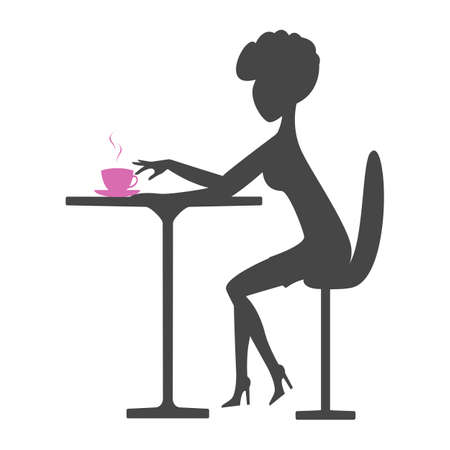 Coffee time Silhouette one woman during coffee. Young girl sits at a table and drinks coffee, logo,icon. Vector illustrationのイラスト素材