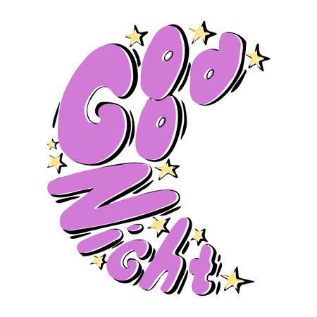 Good night doodling lettering, moon shape, crescent moon, star, hand contour drawing. Isolated, white background. Vector illustrationのイラスト素材