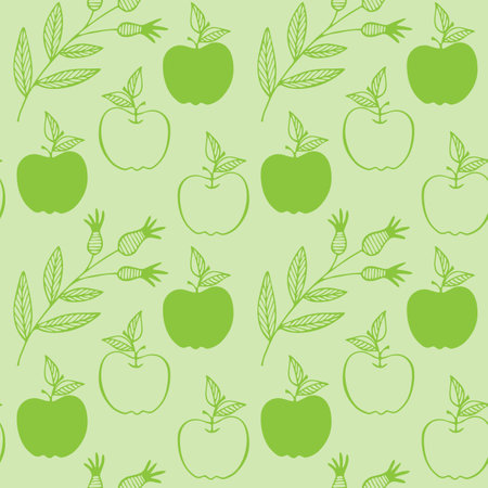 Apple and rosehip seamless fresh green background. Doodle hand drawing. Vector illustrationのイラスト素材