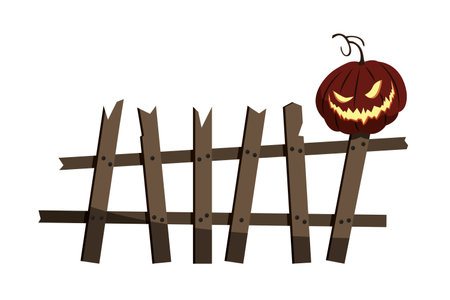 Fence old broken scary with spooky smiling Halloween pumpkin, design element, isolated, white background. Vector illustrationのイラスト素材