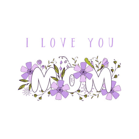 I love you Mom Day, card with doodle flowers, violet color. Vector illustrationのイラスト素材