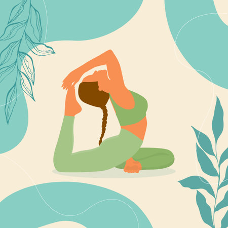 Yoga King Pigeon Pose young woman in Rajakapotasana posture banner with botanical leaves doodle, boho style, pastel colors. . Vector illustrationのイラスト素材
