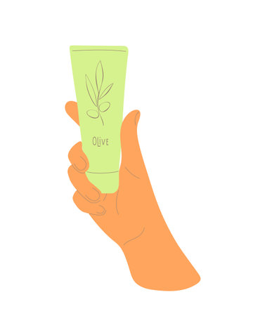 Hand holds cosmetic tube with Olives branch, template, mockup, organic care oil-cream-lotion, packaging. Vector illustrationのイラスト素材