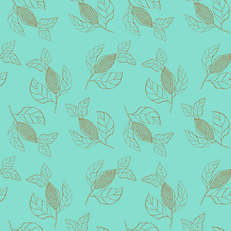Cocoa bean doodle branch with grains and leaves pattern seamless blue with brown. Vector illustrationのイラスト素材