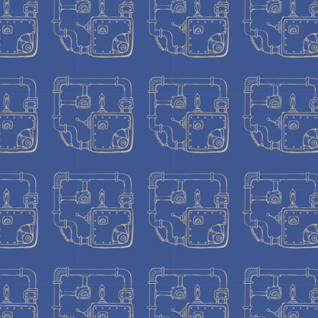 Pattern steampunk with pipes, gears and other mechanical elements. Blue background. Vector...