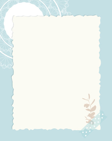 Empty blank collage vintage in scrapbooking and herbarium style, with lace doily, blue background. Vector illustrationのイラスト素材