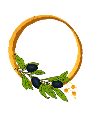 Watercolor frame with branch of black olives. Drawn by hand. For design labels, stickers. Vector illustrationのイラスト素材
