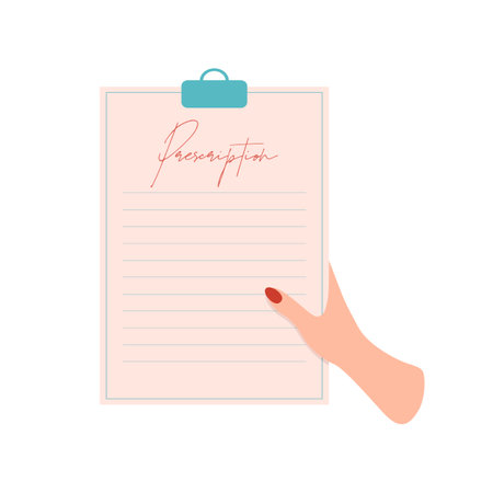 Womans hand holds blank medical prescription for medicine, doctors prescription for recovery. Vector illustrationのイラスト素材