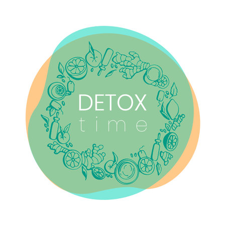 Label Detox Time. Concept with fruits grapefruit, ginger, lemon, citrus, cleansing tea.Circle composition with doodle drawings for vegan menu, healthy food bar. Vector illustrationのイラスト素材