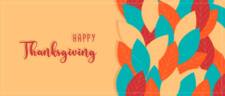 Happy Thanksgiving. Greeting card banner with blue red and orange autumn leaves. Vector illustrationのイラスト素材