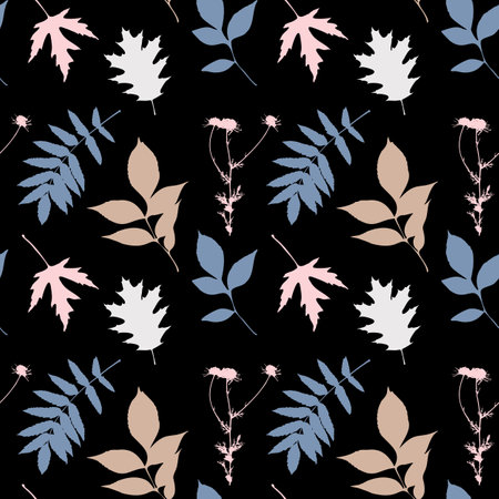 Dark glamorous and elegant pattern of pink and blue leaves, fashion, beauty, cosmetics, luxury and chic. Vector illustrationのイラスト素材