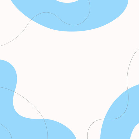 Blue and white square poster template in boho style, simple abstract flowing shapes and lines. Blank...