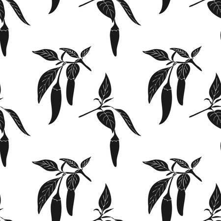 Silhouette peppers branch hand drawn pattern on white background. Black and white. Vector illustrationのイラスト素材