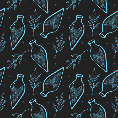 Dark pattern with potion, crystals, magic bottle, witchcraft, magic, blue doodle hand drawn. Vector illustrationのイラスト素材
