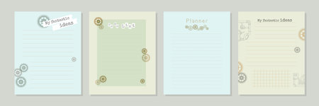 Set of steampunk style planners and to-do list with gears, old pipes, elements of mechanisms. Template for agenda, schedule, planners, checklists, notepads. Vector illustrationのイラスト素材