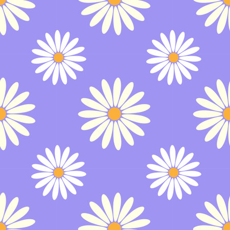 Seamless pattern featuring stylized white daisies with yellow centers set against lavender...
