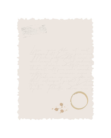 Vintage blank card with coffee stain and trace of old Lorem Ipsum text and postage stamp. Digital scrapbooking element. Vector illustrationのイラスト素材
