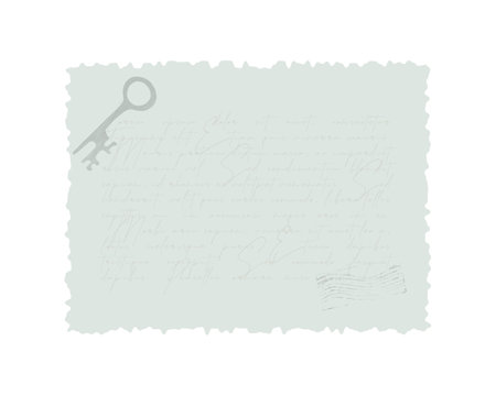 Digital scrapbooking element old vintage paper deckled edges with stamp key imprint and text Lorem imsum, for vintage collage design. Vector illustrationのイラスト素材