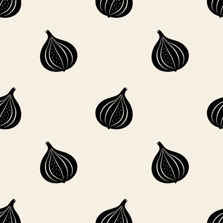 Pattern with dark figs fruits, stylized drawing on beige background. Vector illustrationのイラスト素材