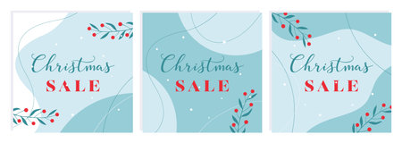 Christmas Sale background templates. Christmas winter posters with botanical elements hand drawn. Winter stars and smooth shapes. Vector illustrationのイラスト素材
