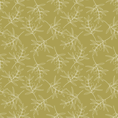 Olives fruits, light outline olive branches pattern on pistachio background. Vector illustrationのイラスト素材