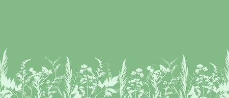 Mint banner with border meadow flowers and grass. Herbal summer background. Herbarium. . Vector illustrationのイラスト素材