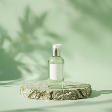 Advertising mockup, clear glass dispenser bottle with blank label on round stone plinth against pastel green background with soft leaf shadows â concept for eco-cosmetics and beauty branding. Aiの素材