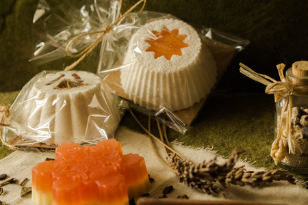 Sparkling muffin and soaps made of natural products.の写真素材