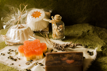 Sparkling muffin and soaps made of natural products.の写真素材