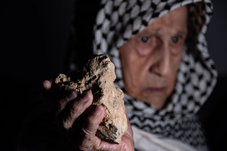 portrait for old woman holding stone which represents the only weapon against the occupation and will be the road to freedomの写真素材