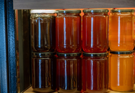 Honey store counter top full of types of honey jars in different colors with copy space for mockupの写真素材
