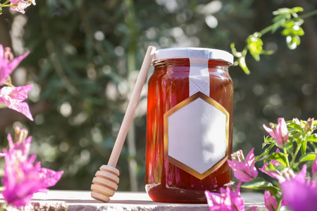 Honey jars under the sun with purple flowers and green leaves on wooden background with copy spaceの写真素材