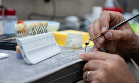 male checking A-D shade guide for tooth crowns to select the proper tooth color in technician labの写真素材