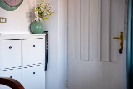 Minimalist hallway with modern interior design in contemporary apartment. Comfortable shoe storage near green frame mirror on white wall. with chest drawers and green curtainsの写真素材