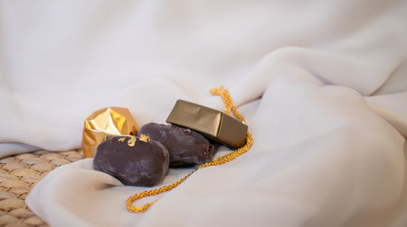 Golden Necklace and Chocolate Pieces on White Background with Elegant Mock-Up Space. Luxury Concept for Jewelry and Chocolates. Perfect for Celebrations, Gifts, and Events. with Copy Spaceの写真素材