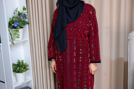 Female wearing palestinian traditional clothes indoorの写真素材
