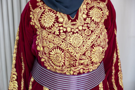 Female wearing palestinian traditional clothes indoorの写真素材